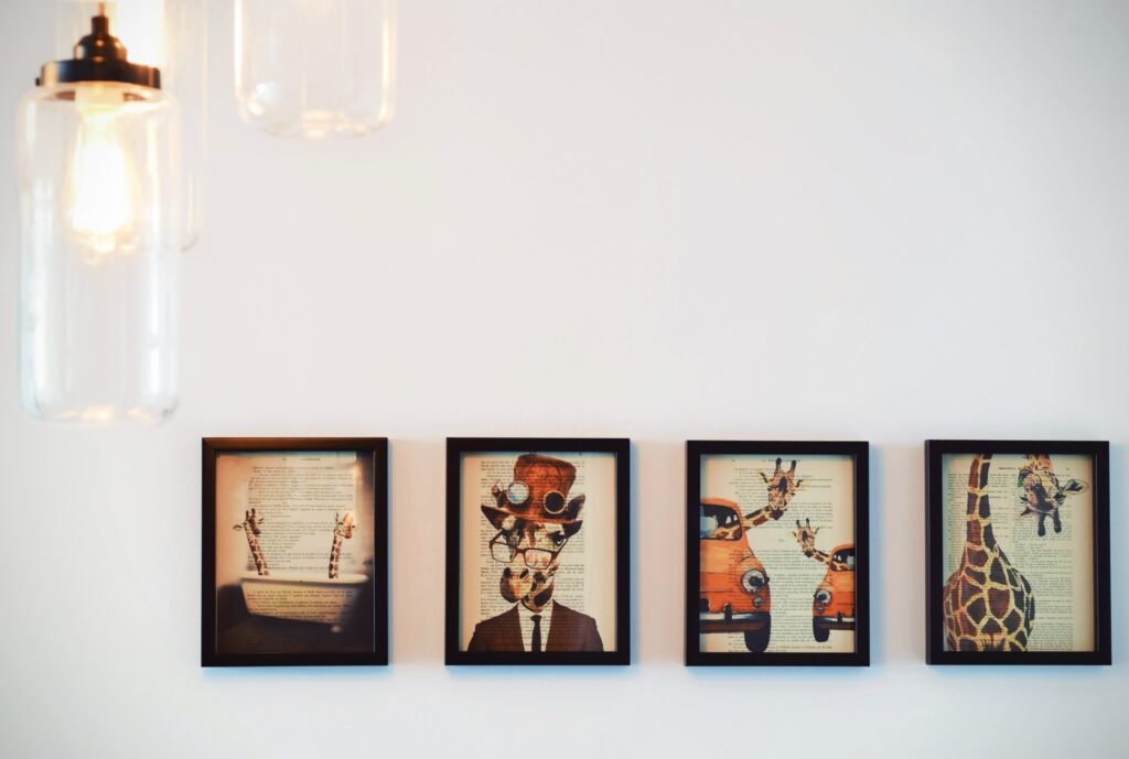 Four paintings on wall