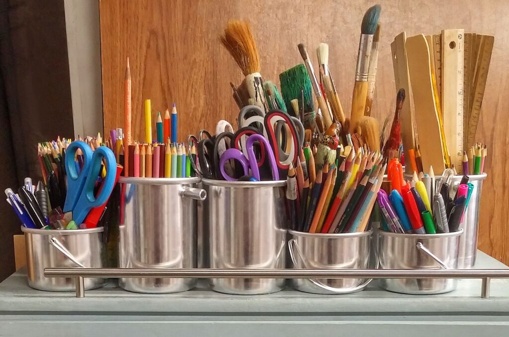 Pencils in stainless steel bucket